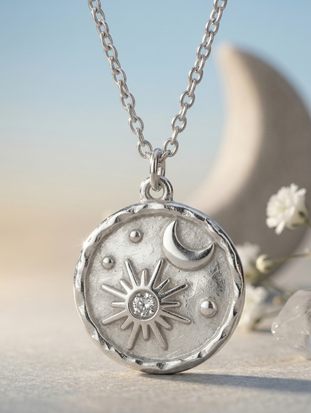 Celestial Sun Moon Coin Pendant Necklace White Gold Plated CZ Silver Gift